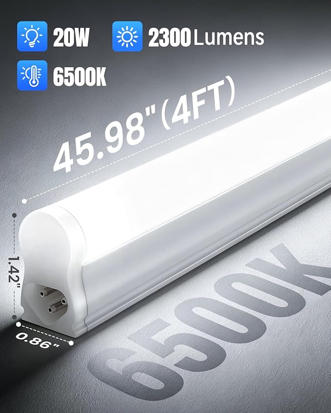 (6 Pack) 4FT T5 LED Integrated Fixture, 6500K,20W,2300LM(Super Bright White) Linkable LED Shop Light,Garage Ceiling and Cabinet Light,Strip Light,Corded Electric with ON/Off Switch