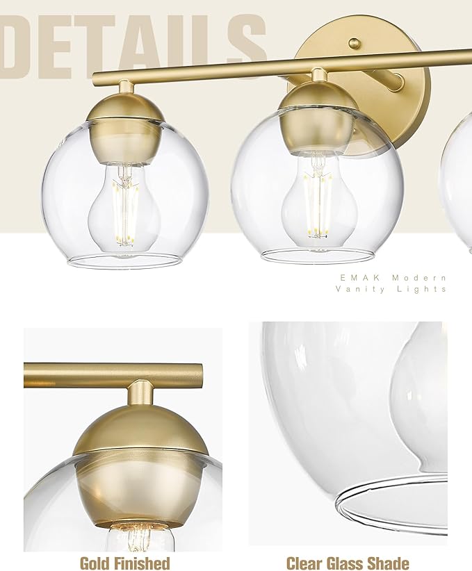 Emak 3-Light Gold Bathroom Light Fixtures Over Mirror, Globe Clear Glass Bathroom Vanity Lights, VL114-GDL-3