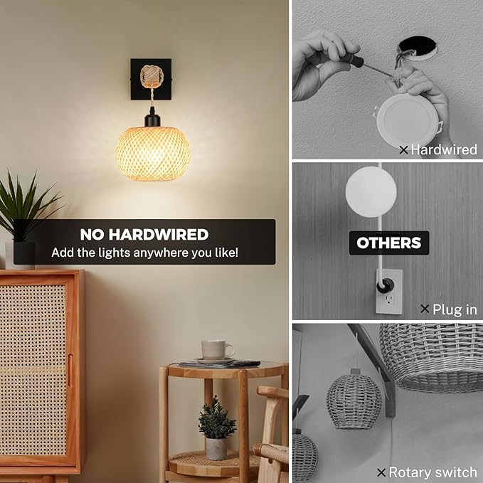 Battery Operated Wall Sconce with Remote Set of 2, Rechargeable Rattan Wall Sconces with 8000mAh Bulbs, Woven Bamboo Wall Light/Lamp Boho Wall Sconce for Bedroom (Black)
