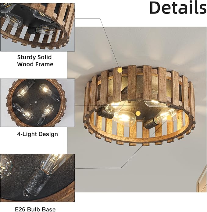 Farmhouse Flush Mount Ceiling Light, 17 Inch 4-Light Wood Close to Ceiling Light Fixture, Retro Hallway Light Fixtures Ceiling, Rustic Drum Ceiling Light for Kitchen Entry Living Room