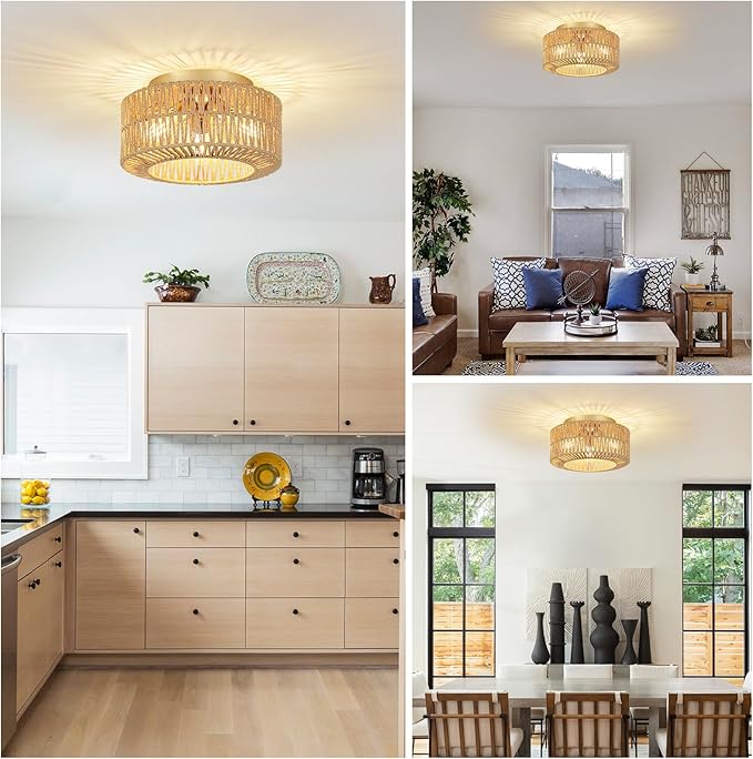 Boho Light Fixtures, 3-Light Farmhouse Rattan Ceiling Light, Flush Mount with Hand-Woven Shade, Modern Chandelier for Living, Bedroom, Entryway, Kitchen, Nursery