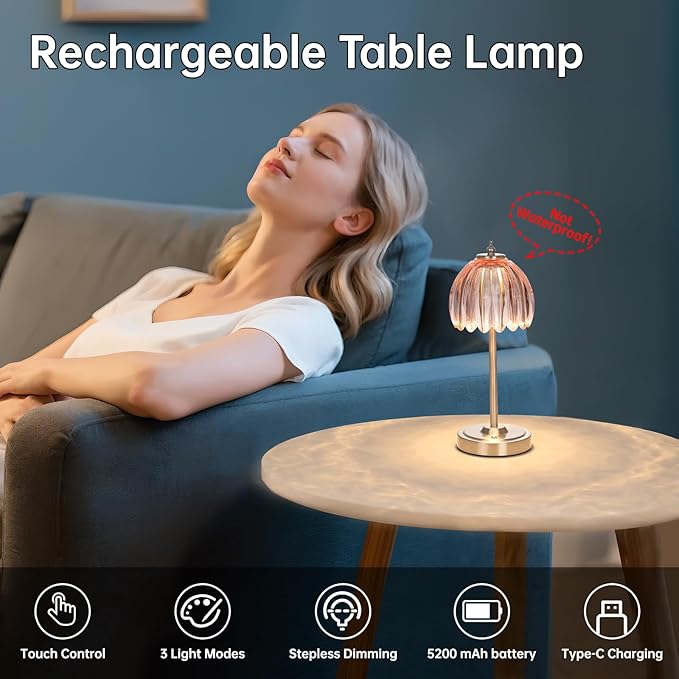 Shenmoyl Tulip Table Lamp with 5200mAh Battery & Touch Control, Cordless Small Table Lamp with 3 Colors, Dimmable Rechargeable Table Lamps for Living Room, Bedroom, Desk, Bedside (Clear Pink Tulip)