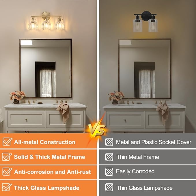 Shenmoyl Bathroom Light Fixtures, 3-Light Brass Vanity wall Light Over Mirror with Clear Tulip Glass Shade for Bedroom Living Room (Bulb Not Included)