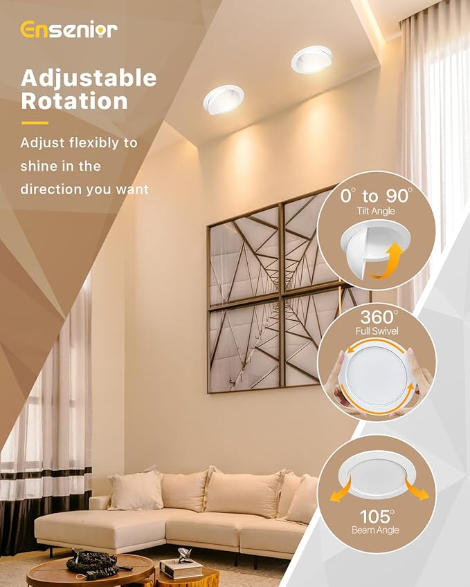 Ensenior 12 Pack 6 inch Gimbal Led Recessed Lighting, 90° Rotatable and 5CCT Selectable, Dimmable Eyeball Recessed Lights, Angled Adjustable Ceiling Downlight, 1200LM, 12W=115W-ETL&FCC Certified