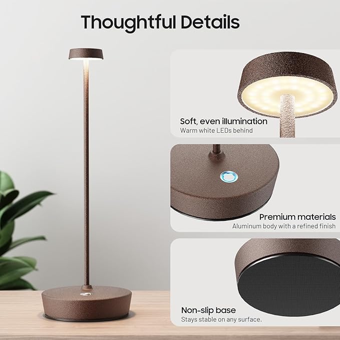 Cordless LED Table Lamp，Rechargeable Battery Desk Lamps, 3 Color Stepless Dimmable Metal Battery Table Lamps, Portable Waterproof Table Light for Indoor/Outdoor/Restaurant (Rust)