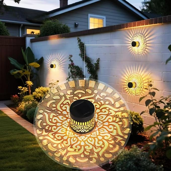 2 Pack Solar Fence Mandala Lights, Solar Wall Lights Projector, Decorative Solar Lights Outdoor, Waterproof Solar Mandala Deck Step Lights for Garden Patio Post Backyard Yard (Mandala-2 Pack, Warm)