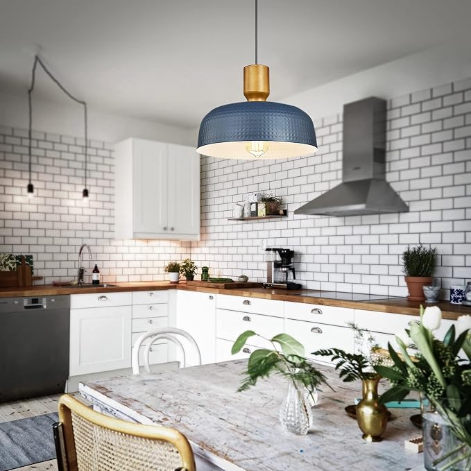 Darkaway Pendant Light Fixtures Ceiling Hanging with Hammered Metal Shade, Modern Pendant Light for Kitchen Island Lighting Hanging Lamp Adjustable Height, Medium