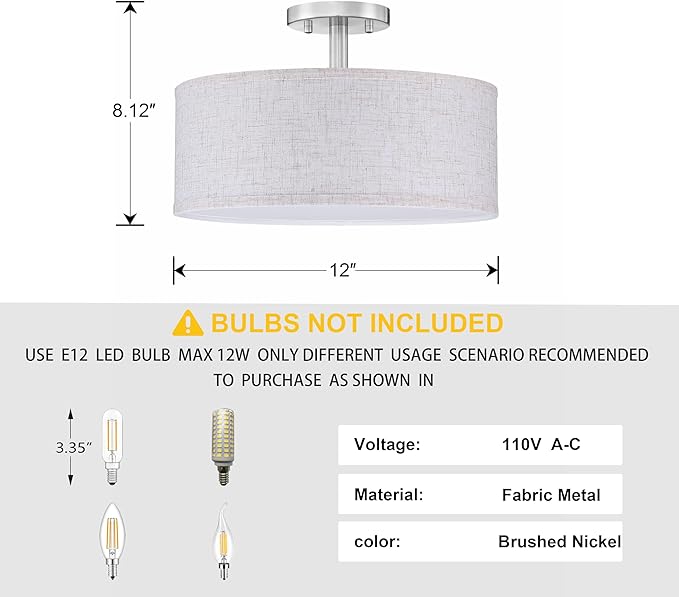 12 Inch Drum Brushed Nickel 3 Light Semi Flush Mount Close to Ceiling Light Fixture,Linen Fabric Shade for Bedroom,Living Room,Dining Room Hallway
