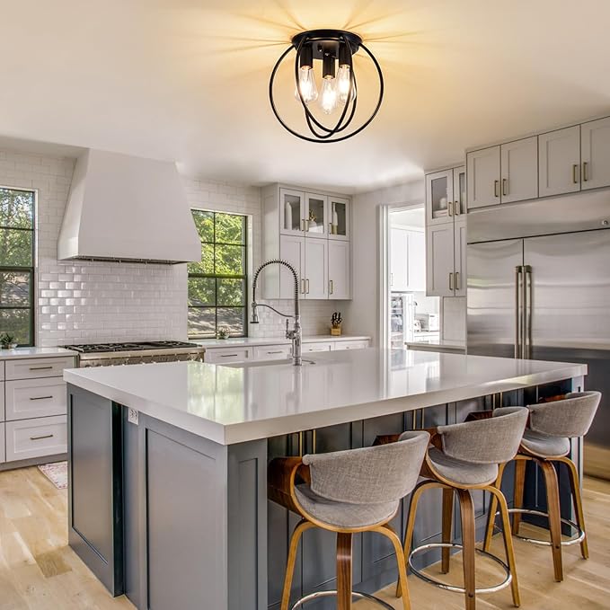 3 Light Industrial Ceiling Light Black Semi Flush Mount Lights Close to Ceiling Light Fixtures,cage Design Farmhouse Ceiling Lighting for Kitchen Bedroom Bathroom Foyer Hallway (E26, 1Pack)