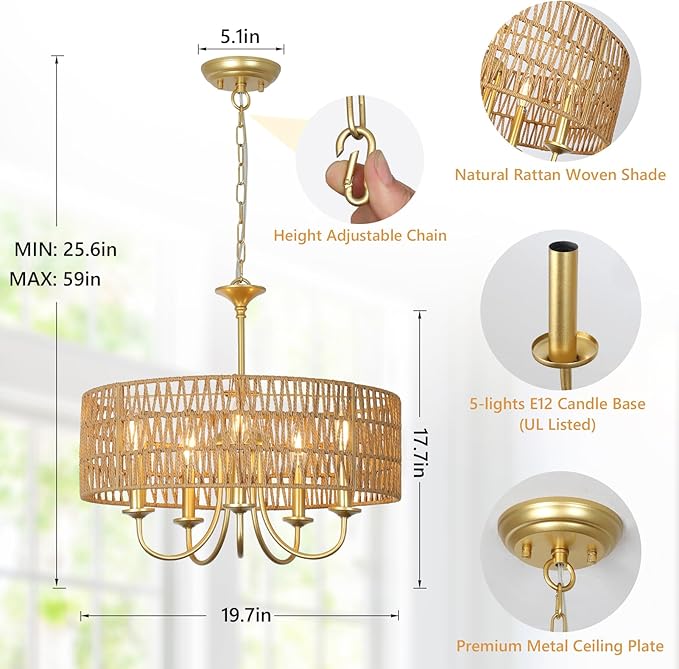 LAMSU Gold Chandelier Light Fixtures, 5-Light Large Boho Rattan Pendant Lighting with Hand Woven Wicker Shade, Modern Farmhouse Chandeliers for Dining Room Living Room Kitchen Island Bedroom