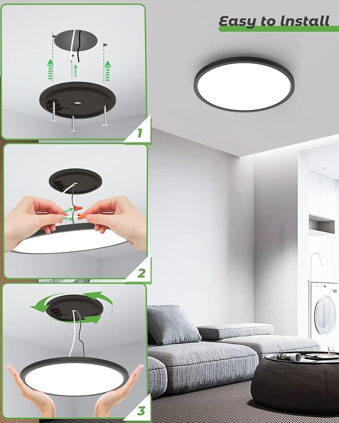 zemty 12Pack 12 Inch LED Flush Mount Ceiling Light, Super Slim 28W 3200lm LED Ceiling Light, 3 Color Temperature in One 3000k/4500k/6000K Round Light Fixture for Bedroom, Kitchen, Dining Room (Black)