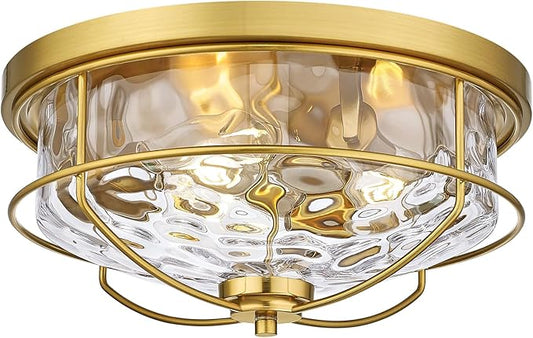 15 Inch Flush Mount Ceiling Light, HWH 3-Light Modern Close to Ceiling Light Fixtures Brushed Gold Finish for Kitchen Porch Foyer with Hammered Water Ripple Glass, 5HTJ102WG-F BG