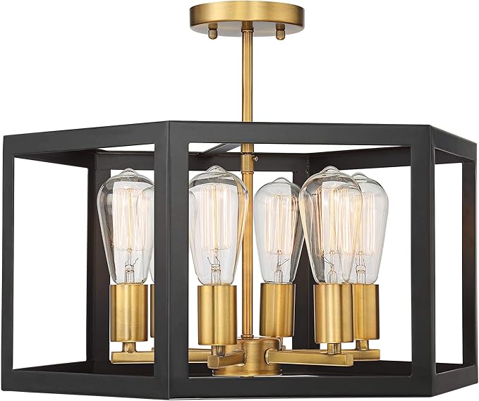 Possini Euro Design Beni Industrial Rustic Farmhouse Ceiling Light Semi Flush-Mount Fixture 20" Wide Antique Bronze Gold 6-Light Open Pentagon Frame for Bedroom Kitchen Living Room Hallway Dining