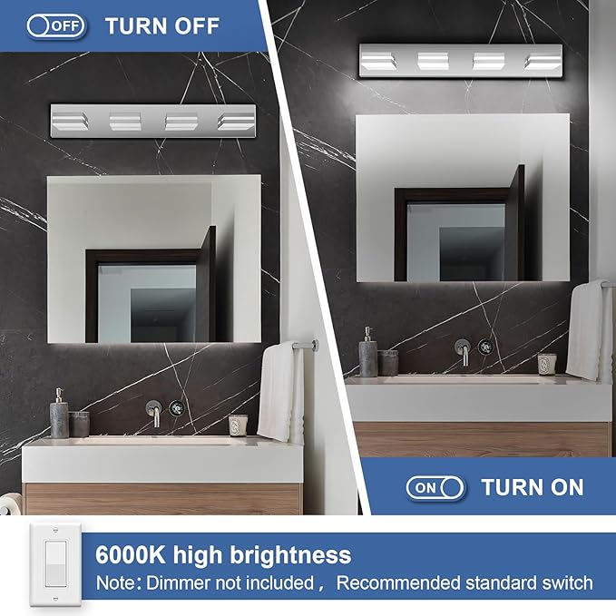 Modern LED Bathroom Lights Fixtures 4-Light,Stainless Steel Chrome Acrylic Wall Lighting,Vanity Lights for Bathroom Over Mirror 6000k 27in