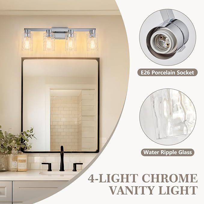 4-Light Bathroom Light Fixtures Modern Chrome Vanity Lights with Water Ripple Glass Wall Sconces Over Mirror for Bathroom, Powder Room, Living Room
