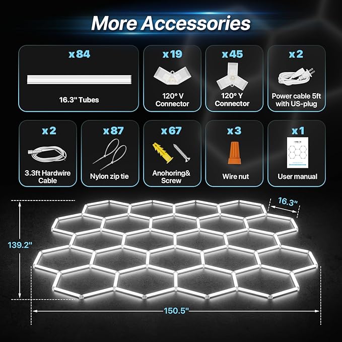 HYPERLITE Gen 2 Hexagon Garage Light, Upgraded 3 Level Dimmable 581W 58100LM Super Bright Garage Detailing Lights, 22 Grids Hexagon Shop Lights, Hex LED Lights for Basement, Gym, Barber