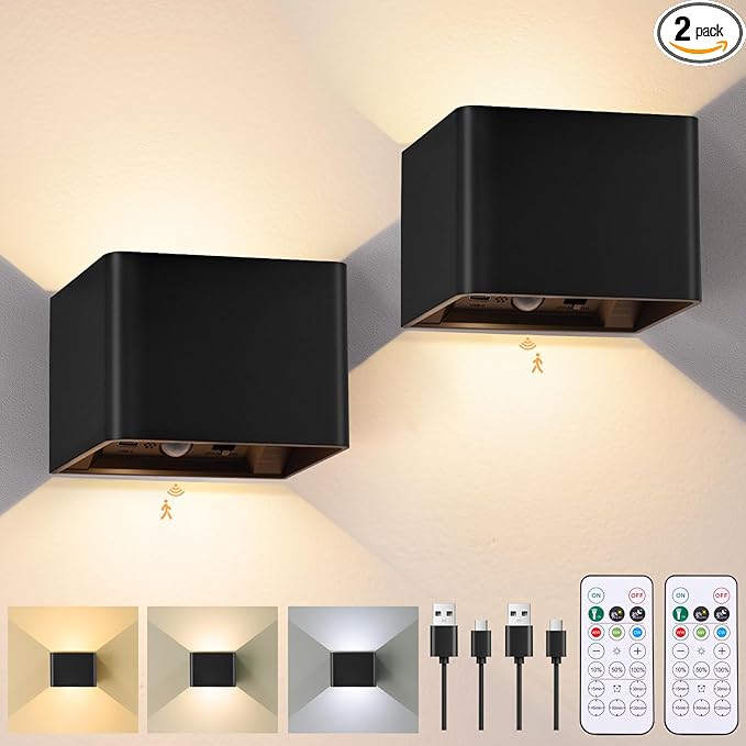 Yochoice Motion Sensor Wall Sconces with Remote Control, 6000mAh Black Wireless Touch Control Rechargeable Lamps with 3 Color Temperatures, LED Up Down Battery Operated Wall Lights Indoor, 2-Pack