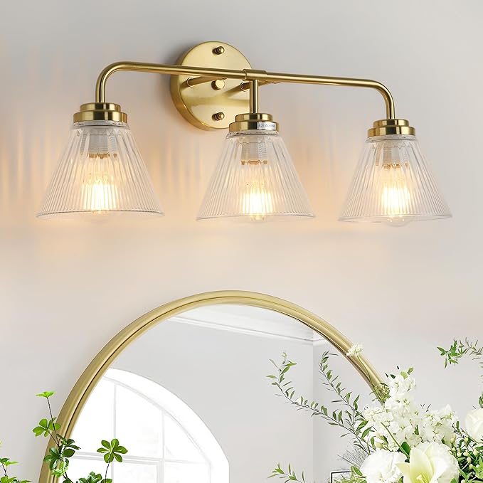 Modern Bronze Bathroom Vanity Light, 3-Light Wall Sconce with Clear Ribbed Glass Shades, Farmhouse Industrial Light Fixture for Bathroom, Vanity Mirror, Powder Room, Hallway (bronze, Eletroplate, 3)