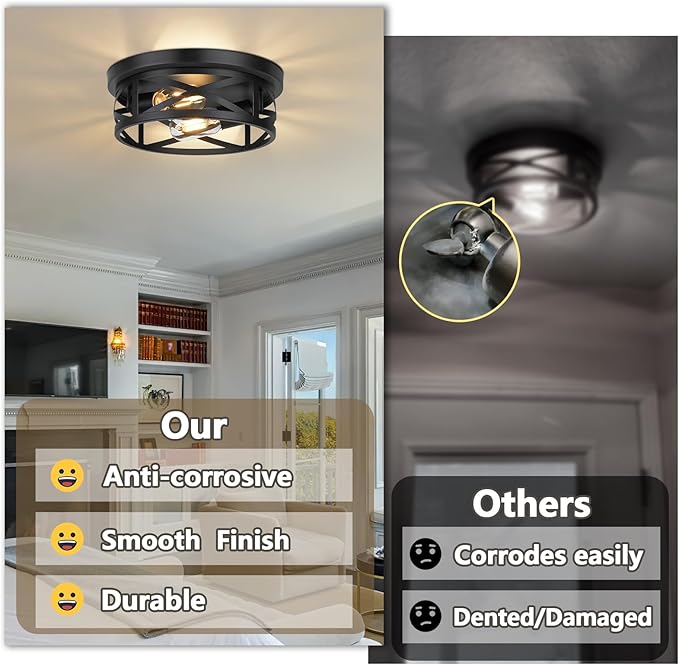 Bosceos 2-Light Flush Mount Ceiling Light Fixtures, 2-Pack Farmhouse Black Ceiling Lights, Industrial Metal Cage Light Fixtures with Adjustable Head for Bedroom Hallway Kitchen