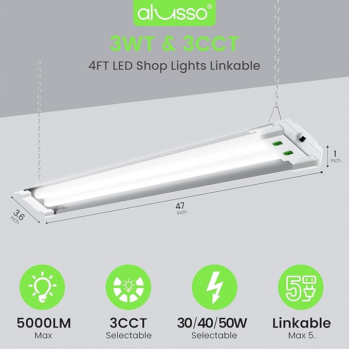 ALUSSO® LED Shop Lights 4FT with Reflector, 5000LM Super Bright, Adjustable 3000K-5000K Color Temperature, 120V, Warm to Cool Daylight Linkable Shop Lights for Workshop/Basement, 4 Pack