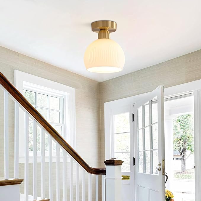 KCO Lighting Milk Glass Flush Mount Ceiling Light Fixture Small Brass Flush Mount Light Modern Gold Globe Semi Flush Mount Ceiling Light White Entryway Light Fixture