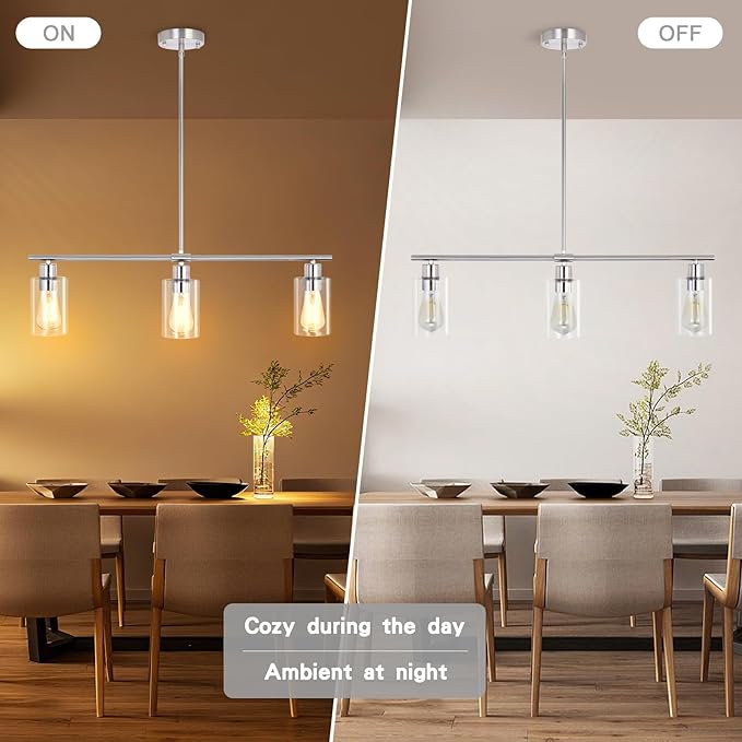3-Light Kitchen Island Lighting, Farmhouse Dining Room Light Fixtures Over Table, Modern Brushed Nickel Island Lights Over Island, Linear Chandelier Hanging Ceiling Pendant Light Fixtures for Kitchen