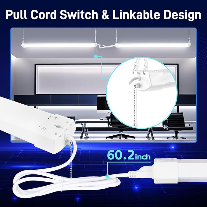 hykolity 4FT 70W LED Shop Light Linkable, 8000lm(300w Equivalent), 5000K Utility Shop Lights for Garages, Workshops, Basements, Hanging or FlushMount, with Power Cord and Pull Chain, ETL,White, 2 Pack