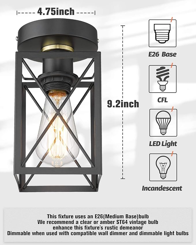 Ken & Ricky Kitchen Over Sink Light,Flush Mount Ceiling Light Fixtures,Single Bulb,Ceiling Mount for Kitchen Above Sink, Hallway Laundry Room Entryway,Farmhouse Industrial Style