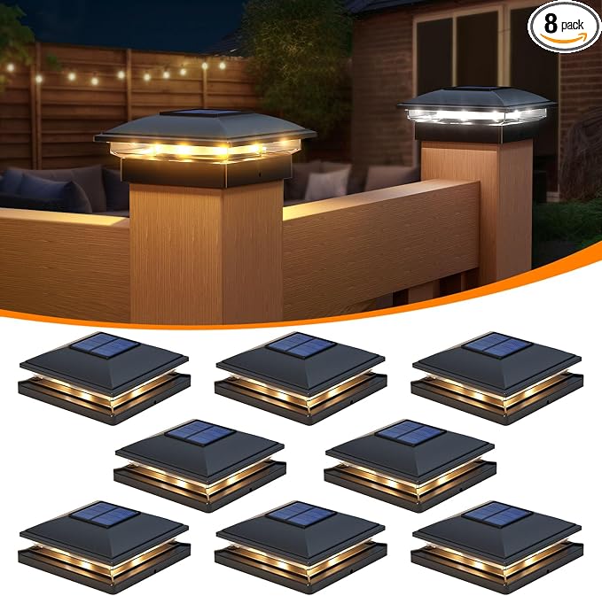 APONUO 8 Pack Fence Post Solar Lights, 2 Modes(Warm/Cool Light) Outdoor Waterproof 4x4 Post Solar Lights, Solar Powered Garden, Patio, Deck Decor for 4x4, 5x5, 5.5x5.5 Wood & Vinyl Posts, Black