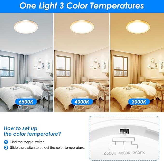 Peasur 12 Inch LED Ceiling Light Gold, 24W Slim Flush Mount Ceiling Light 3000K/4000K/6500K Adjustable, Modern Round Ceiling Lighting for Bedroom, Living Room, Kitchen