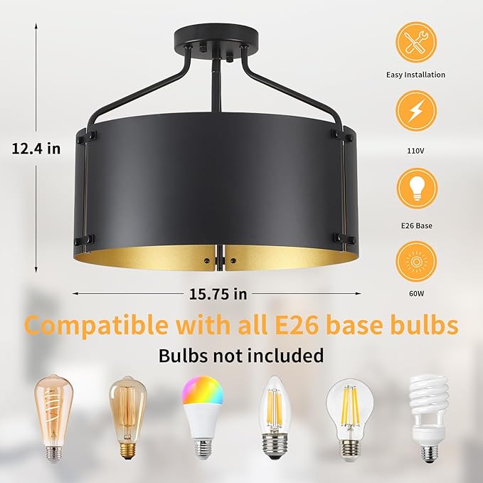 Semi Flush Mount Ceiling Light Fixture,Drum Black and Gold Chandelier Light Fixture,16''Bedroom Ceiling Lights,3-Light Kitchen Lighting Fixtures Ceiling for Farmhouse Hallway Porch Entryway