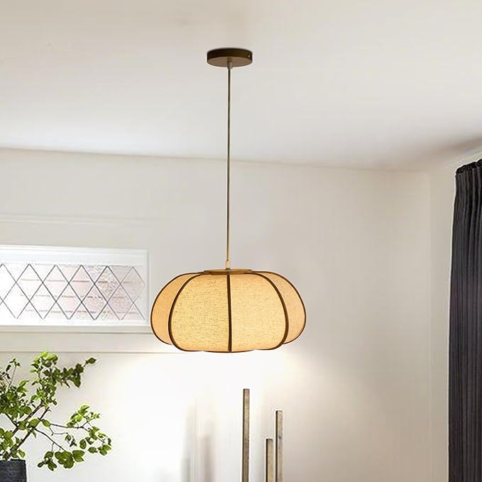 15" Bamboo Pumpkin Pendant Light, Adjustable 71" Hanging Lamp with Boho Japandi Fabric Shade, Ceiling Light for Dining Room, Kitchen, Bedroom, E26 Base (Nature Color)
