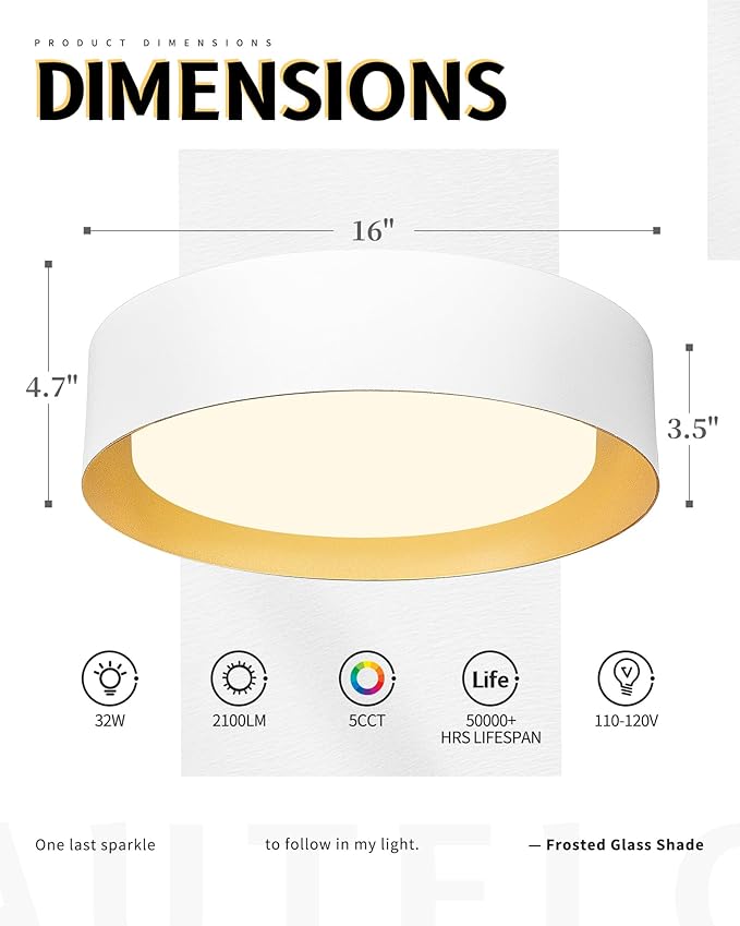 AUTELO 16" Ceiling Light, LED 5CCT Flush Mount Ceiling Light, White Light Fixtures Ceiling Mount fo with Frosted Glass in White Finish for Bedroom, C3336-40 WH LED