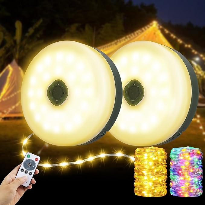 2PCS Camping String Lights 33ft, 4 in 1 Rechargeable 100LED Outdoor Tent String Lights with 14 Lighting Modes Remote Control Waterproof with Timer Function for Camping Gear Essentials Hiking Garden