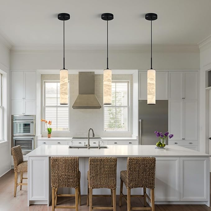 LMQNINE Natural Alabaster Pendant Lights 4000k Modern Black Ceiling Light White Marble Long Tube Chandelier for Kitchen Island Bedroom Dining Room Table Living Room (S-3Pack)