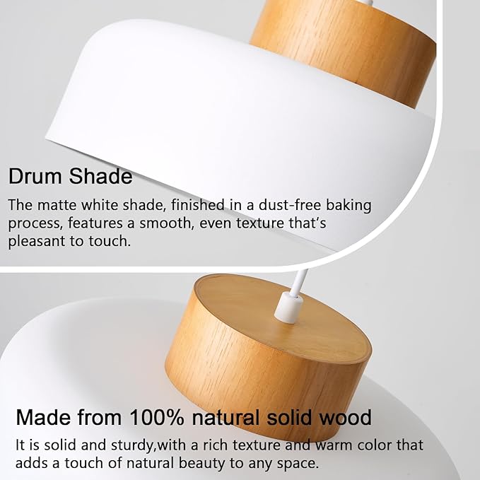 Modern Pendant Light with Real Wood Cap - 12.6” White Hanging Light Fixture for Kitchen Island, Dining Room Table - Adjustable Height Ceiling Light with E26 Socket - Scandinavian Style
