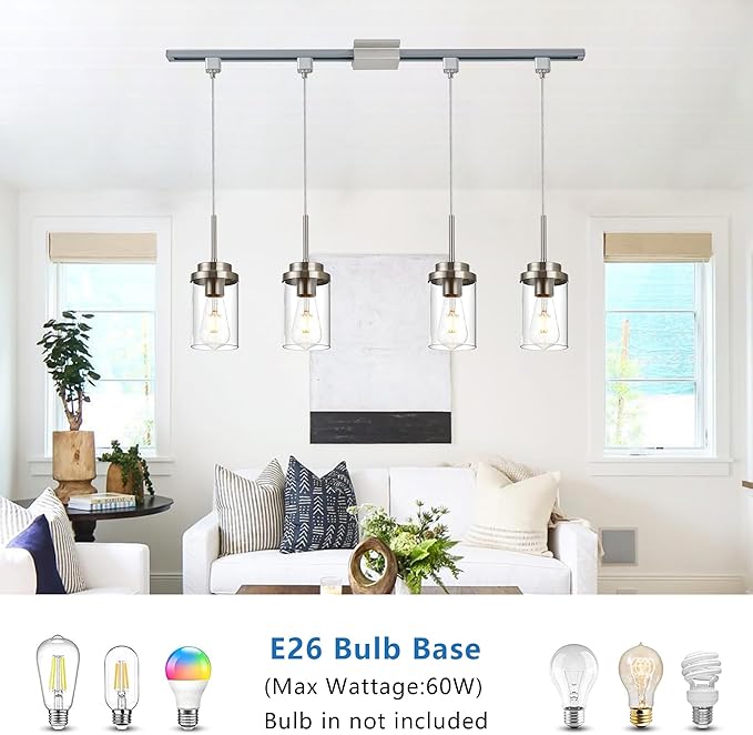 MELUCEE 4 Pack H Track Lighting Pendants Brushed Nickel Ceiling Track Hanging Light Fixtures with Clear Glass Shades, Compatible with H Type Track Lighting Rail, E26 Socket