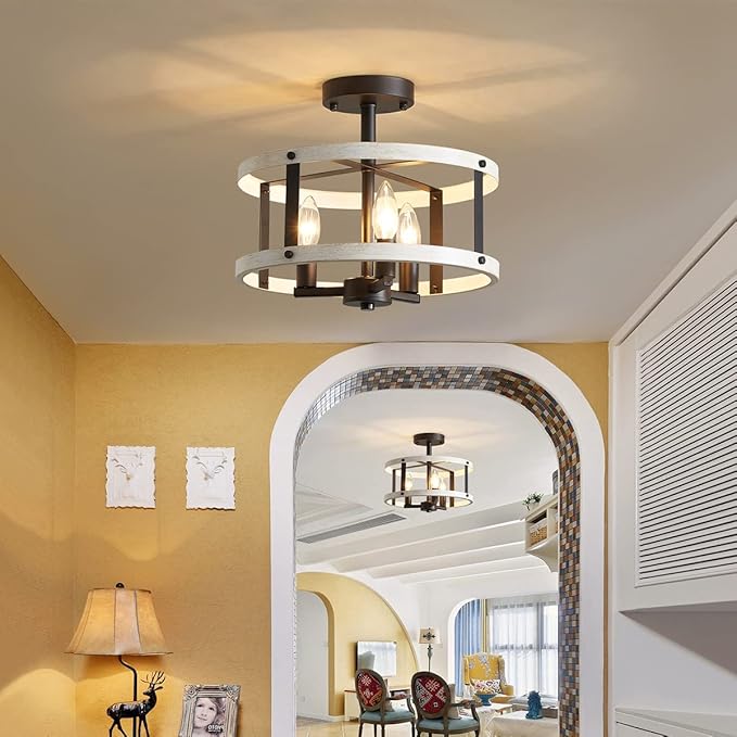 AGV LIGHTING Farmhouse Semi Flush Mount Ceiling Light Fixture There-Light Close to Ceiling Light, White Ash Wood Texture with Black Bronze Finish