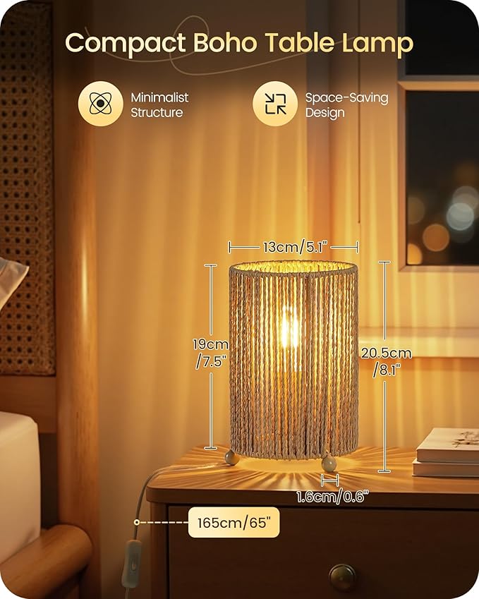 Small Rattan Table Lamps Set of 2, Boho Bedside Lamps Set of 2, Handwoven Paper Lampshade, 4W 2400K LED Bulb Included, Boho Desk Lamp, Nightstand Lamp for Bedroom, Living Room, S11TLP205