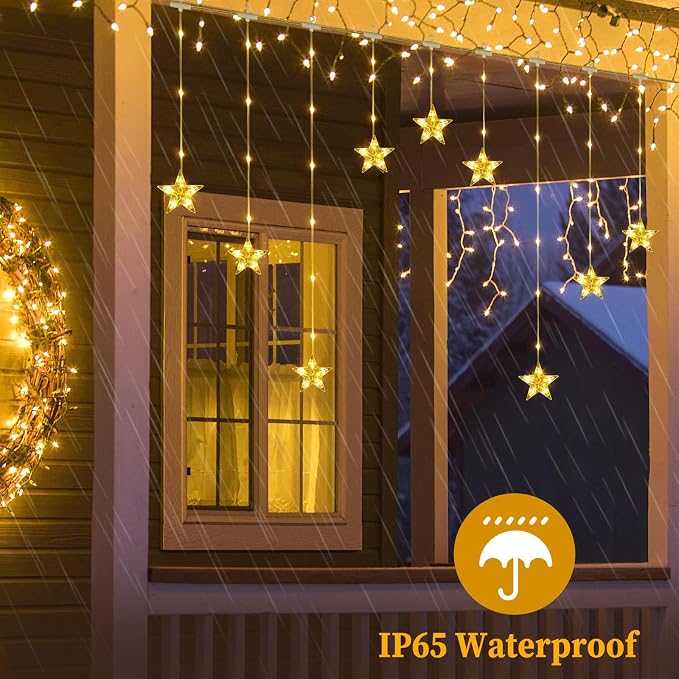 Christmas Window Lights, 76LEDs 9 Star Curtain Lights, Warm White&Multicolor, IP65 Waterproof, Timer & Memory Function, 8 Modes Indoor/Outdoor Decoration for Xmas, Birthday, Wedding, Bedroom