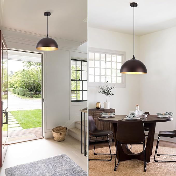 Farmhouse Pendant Light 2 Pack, Vintage Pendant Light Fixtures, Brown Kitchen Pendant Lighting, 11.8 inches Dome Kitchen Pendant Lights, Industrial Pendant Lights for Island Dining Room Bed Room