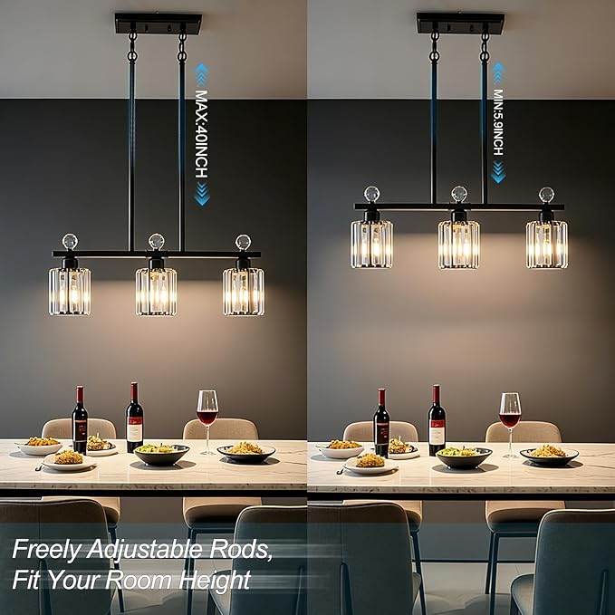 Modern Dining Room Light Fixture Over Table, Crystal Pendant Lights Kitchen Island, Chandeliers for Dining Room Kitchen Light Fixtures (E26) 3-Light Black