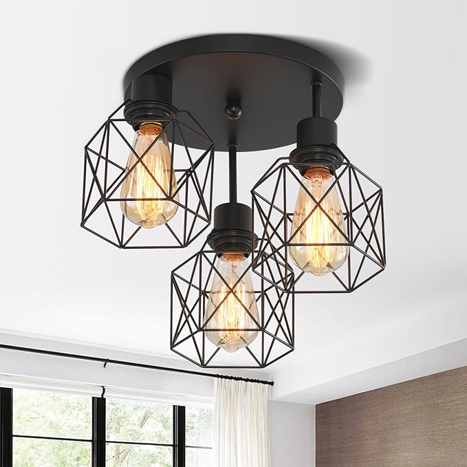 3 Lights Industrial Ceiling Light Fixtures,Iron Cage Ceiling Lamp Pendant Lighting,3-Light Close to Ceiling Light Fixtures, Modern Chandelier for Bedroom Entryway Kitchen Hallway