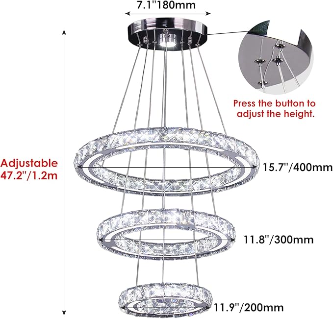 CXGLEAMING Modern Crystal Chandeliers DIY 3 Rings Dimmable Ceiling Light Fixture LED Pendant Lamp for Kitchen Dining Room Living Room Bedroom 180mm Base 153 Crystals (Dimmable)
