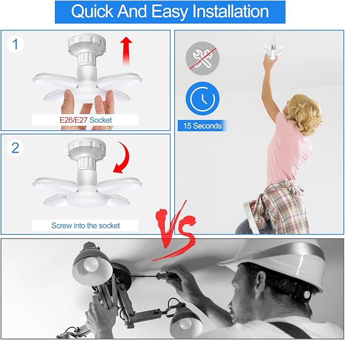 2Pack LED Garage Light Bulb,Mini 50W LED Garage Ceiling Lights 4 Adjustable Panels,5000Lumen Garage LED Light Bulb,E26 6500K Daylight LED Shop Lights for Garage,Kitchen,Indoor,Living Room,Attic Light