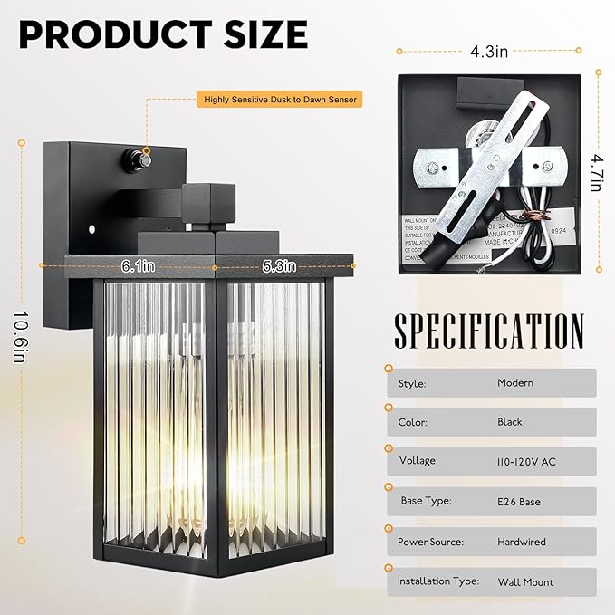 Dusk to Dawn Outdoor Lighting, Waterproof Outdoor Porch Light with Tempered Glass, Outdoor Light Fixture for House Exterior Front Door Garage Patio
