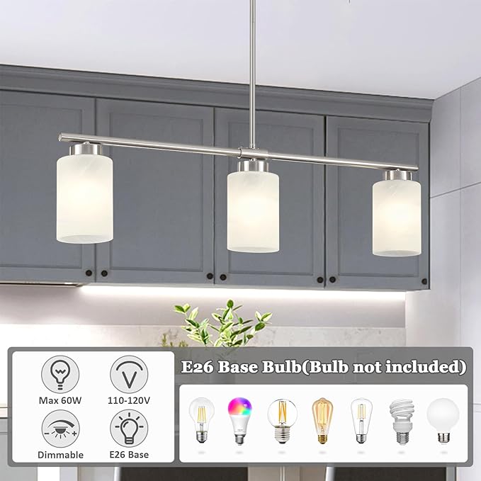 3-Light Kitchen Island Lighting Brushed Nickel Dining Room Light Fixture with Milk Glass Shade 31" Modern Linear Chandelier Adjustable Hanging Pendant Lighting Over Island Dining Table Living Room，E26