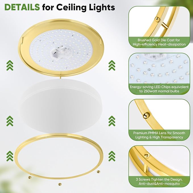 TOBUSA 16in 50W LED Flush Mount Ceiling Lights 5600lm Super Bright, Dimmable LED Light Fixtures 2700K-6500K 5CCT Adjusted, 2-Pack Modern Light Fixture Ceiling for Living Room Bedroom Kitchen, Gold