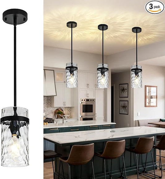 3 Pack Black Pendant Lights Kitchen Island, Hammered Glass Pendant Lighting Over Island, Kitchen Hanging Light Fixtures Pendant Light Over Sink for Kitchen Entryway Foyer Dining Room