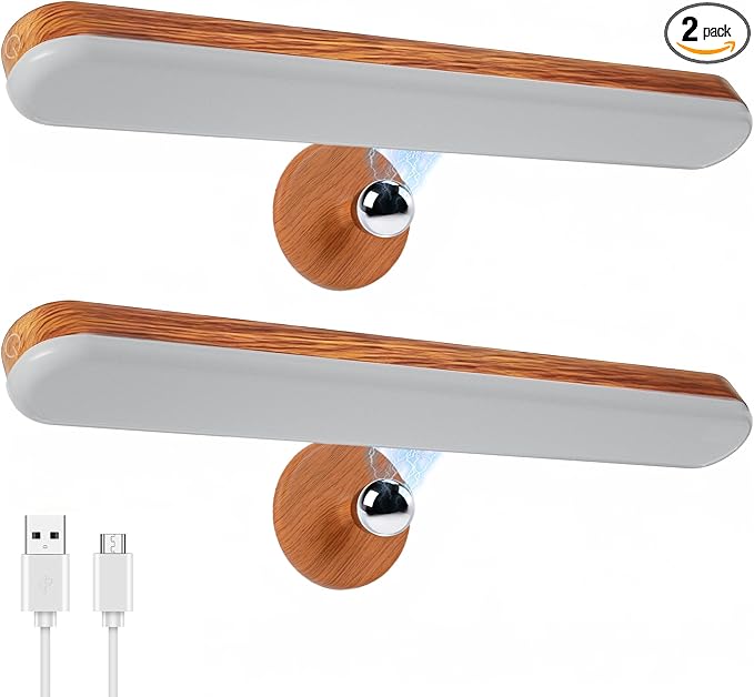 Benreom 2 Pack Vanity Lights for Mirror with 4000mAh Rechargeable Battery, Touch Control Dimmable Makeup Light with 3 Color Modes, Magnetic 360° Adjustable LED Bathroom Mirror Light, Light Wood